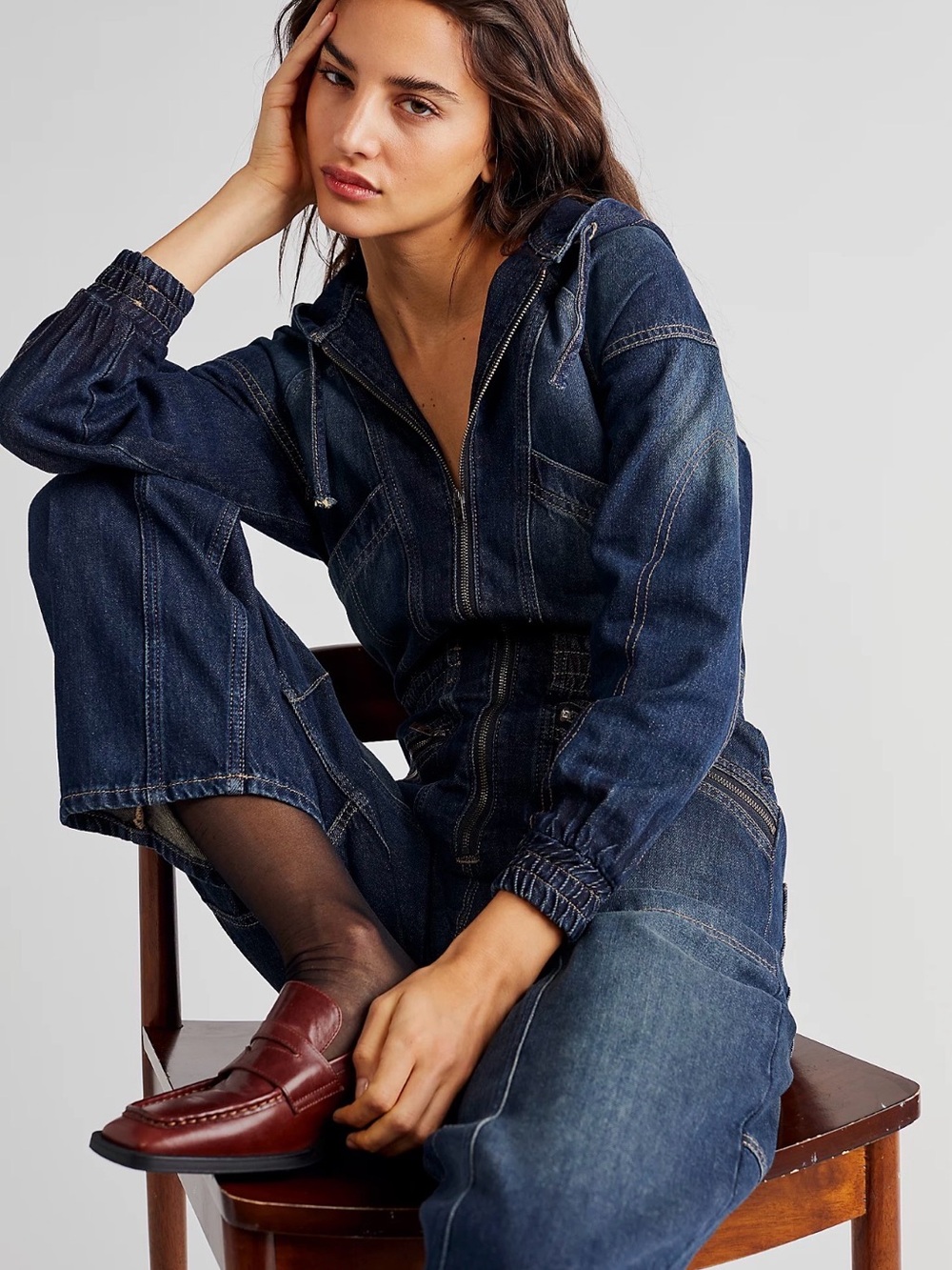 Free people We The Free Misty Medium Dark Denim Jumpsuit Hoodie Zip Up